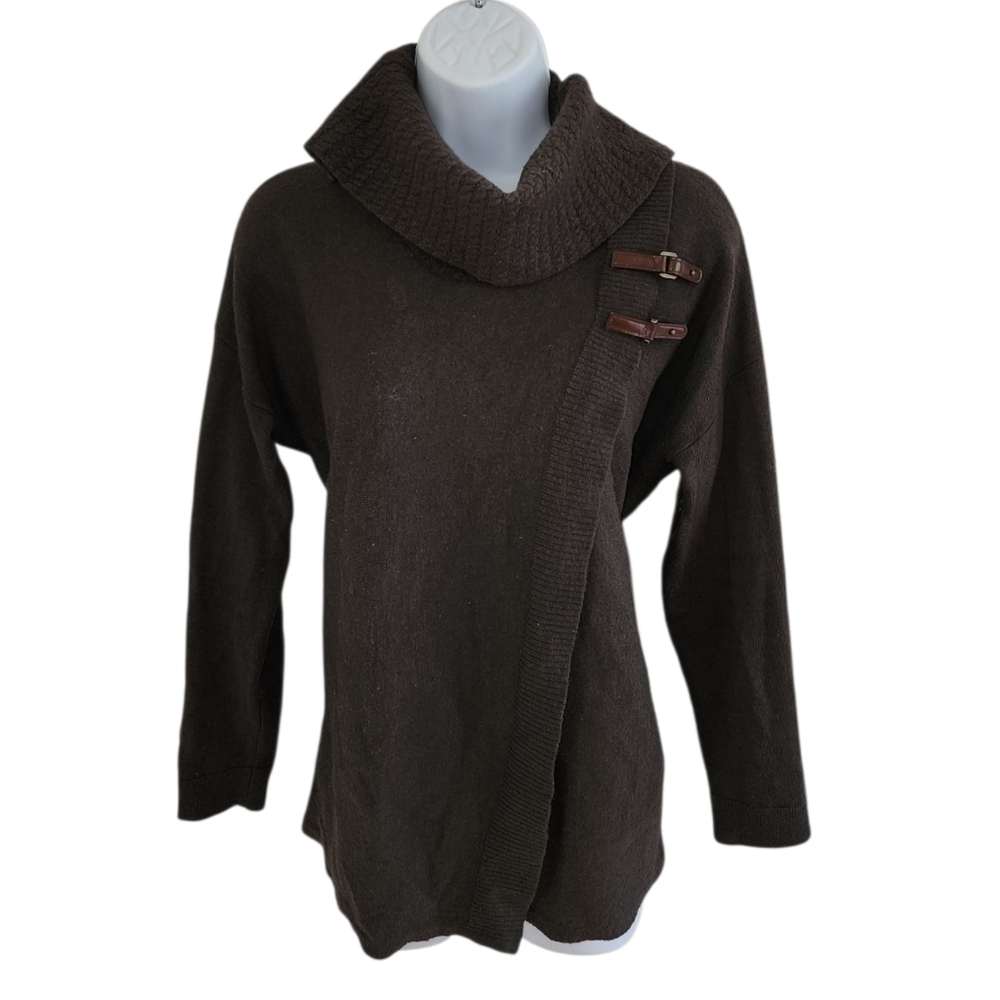 Ellen Tracy Faux Wrap Olive Fall Winter Festive Cowl Neck ¾ Sleeves Sweater